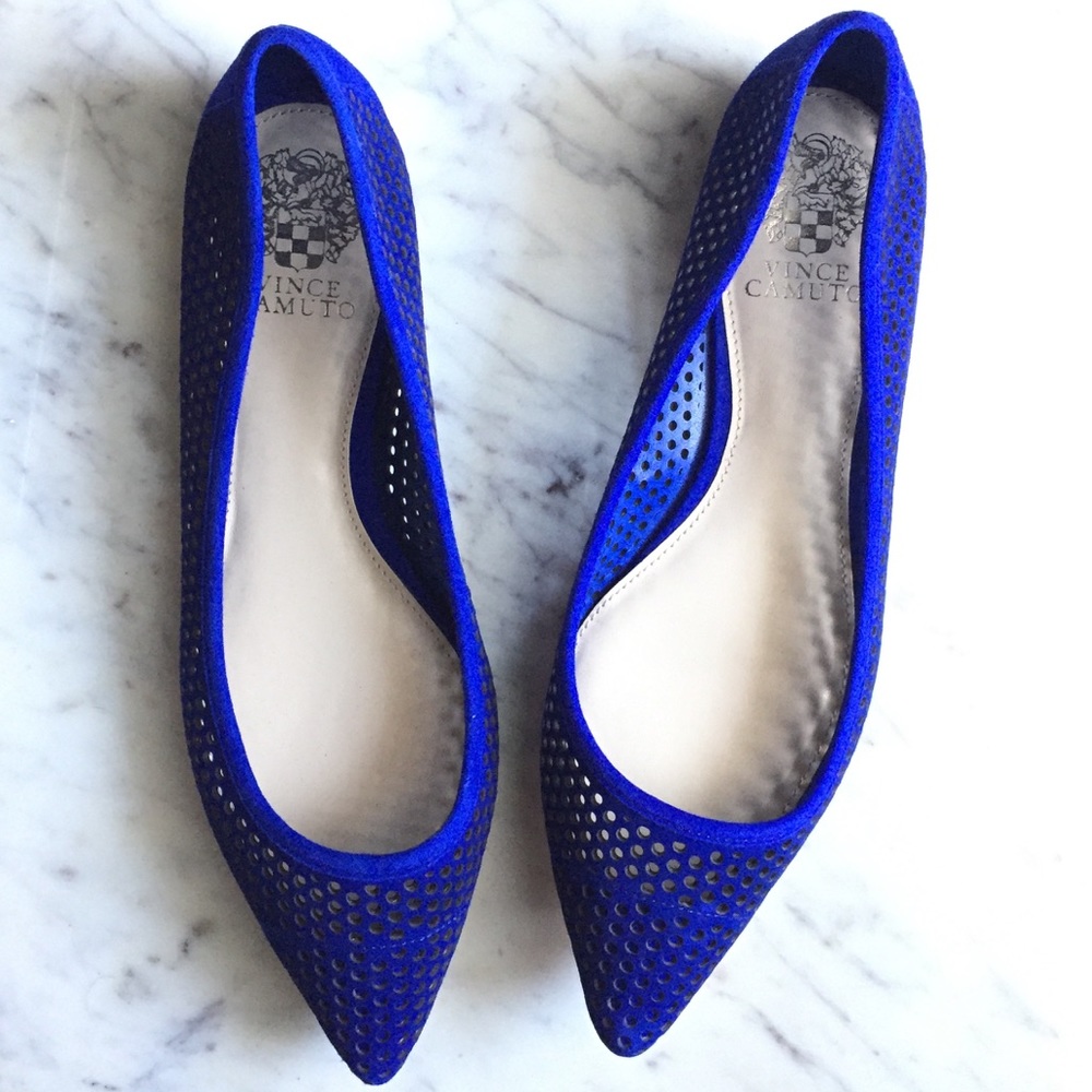 vince camuto perforated blue suede pointy toe flat